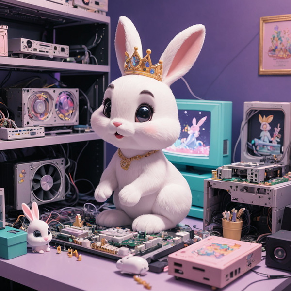 A bunny princess building a computer with a smile.